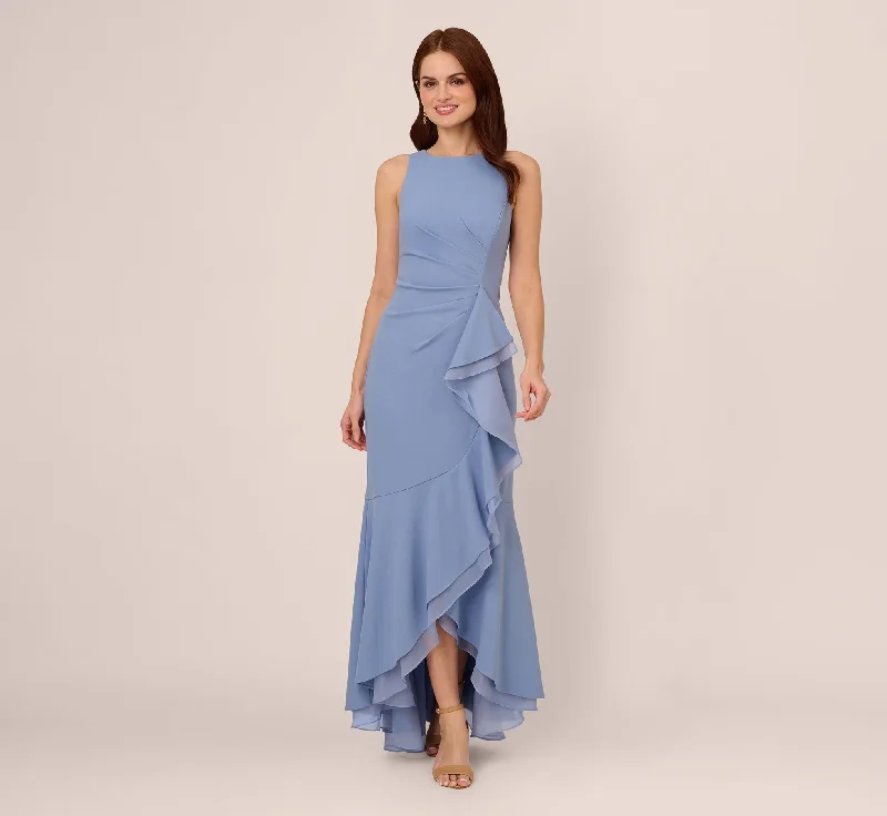 formal dresses with floral prints for garden weddings --High Low Crepe Halter Gown With Organza Draping In French Blue