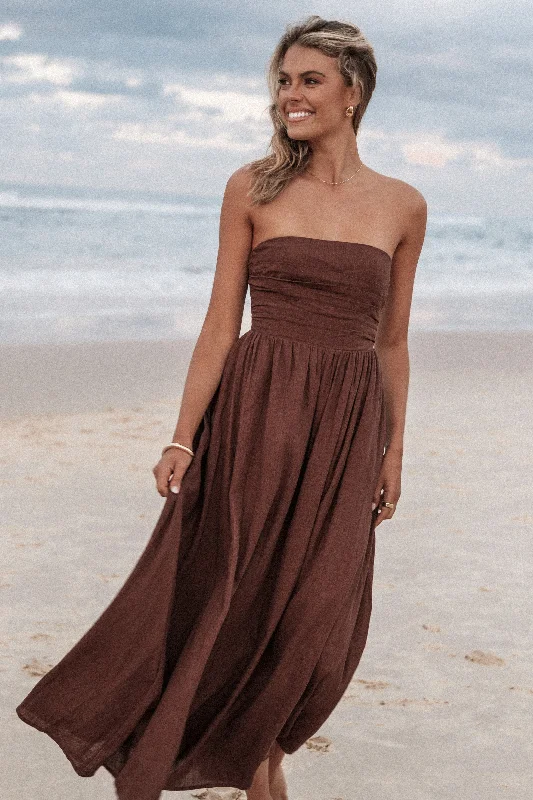 Bridesmaid party dresses for wedding guests -Kayt Strapless Dress - Chocolate Brown
