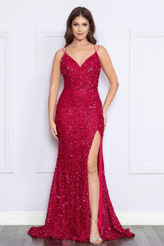 Wedding guest dresses with sleeves for extra coverage -Fitted V-Neck Sequin Slit Gown by Poly USA 9102