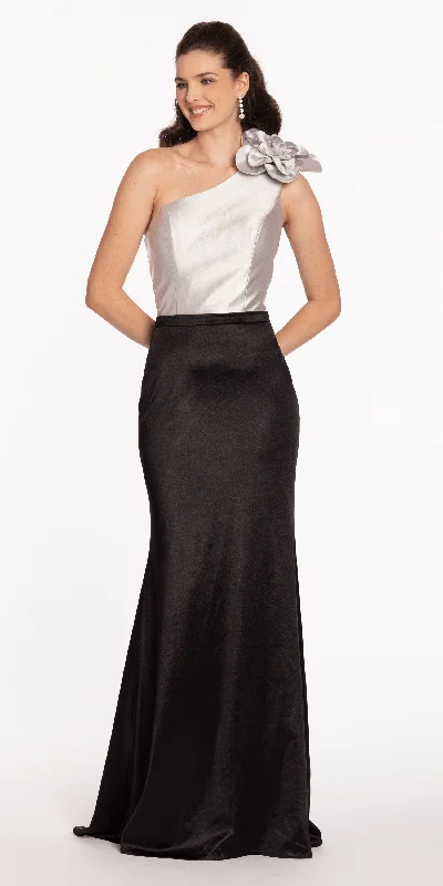 Elegant black cocktail dresses for gala events -Two Tone Rosette One Shoulder Satin Trumpet Dress