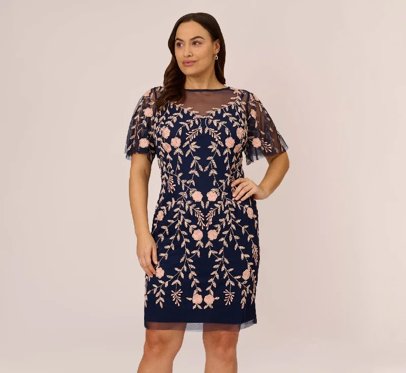 Stylish wedding guest dresses for beach weddings -Plus Size Floral Beaded Dress With Sheer Flutter Sleeves In Navy Blush