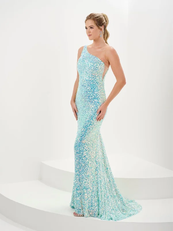 cocktail dresses with peplum details for hourglass figures --Fitted Sequin One Shoulder Gown by Tiffany Designs 16114