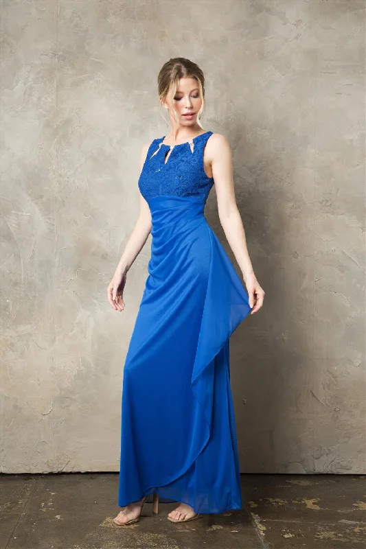 Wedding guest dresses that pair beautifully with a shawl -Fitted Long Beaded Sleeveless Lace Bodice Dress by Juno 1017