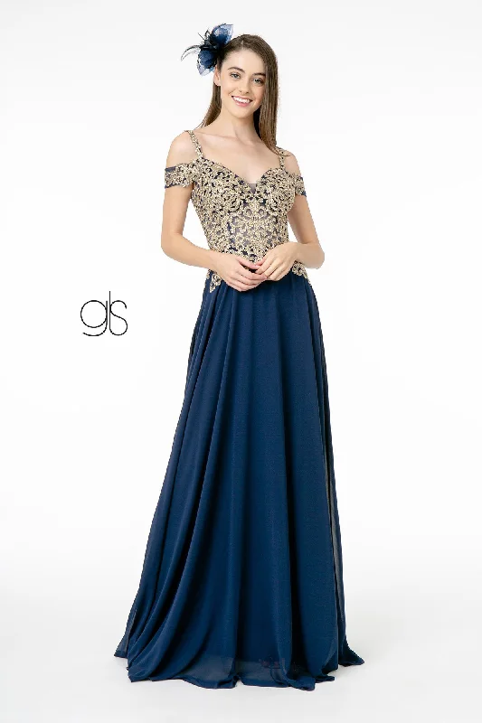 cocktail dresses in jewel tones for fall events --Long Cold Shoulder Dress with Gold Appliques by Elizabeth K GL2998