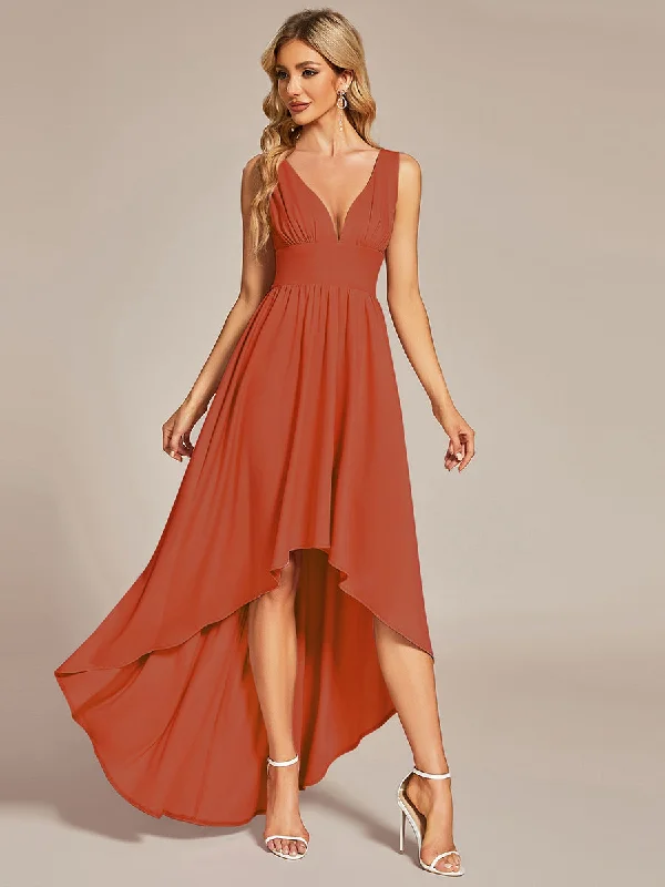 Affordable elegant party dresses for guests -High Low Deep V Neck Sleeveless Wholesale Bridesmaid Dresses