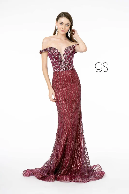 cocktail dresses with adjustable straps for comfortable fit --Jeweled Long Off Shoulder Glitter Dress by Elizabeth K GL1818