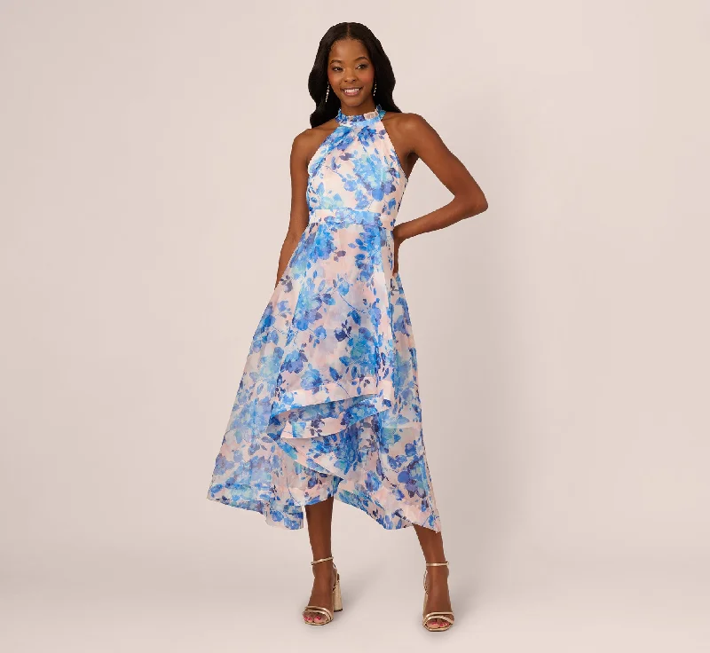 Classic wedding guest dresses for a sophisticated look -Sleeveless Floral Organza High Low Dress In Blush Blue Multi