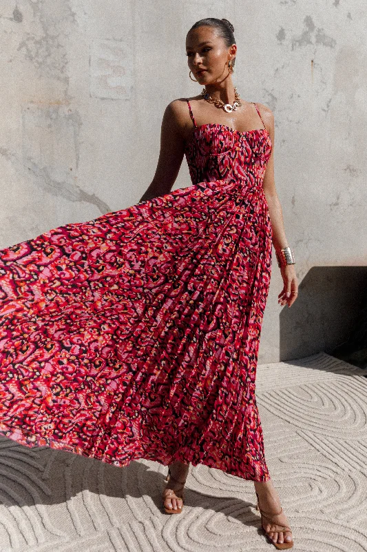 formal dresses with tiered skirts for volume and movement --Achanti Pleated Maxi Dress - Pink Multi