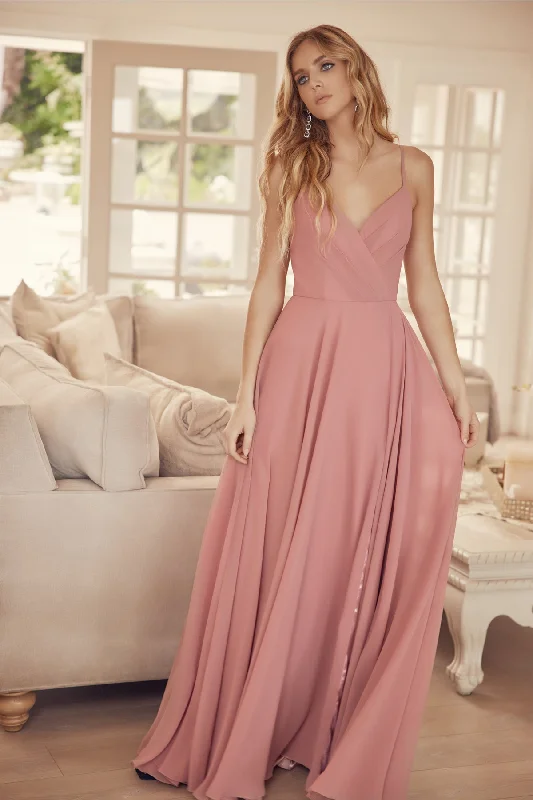 bridesmaid dresses with chiffon overlays for ethereal look --Long Pleated V-Neck Dress by Juliet 263