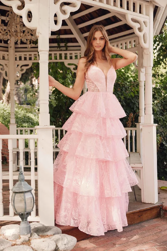 Wedding guest dresses with classic fit-and-flare silhouettes -Glitter Print Sleeveless A-line Tiered Gown by Juliet JT2438K
