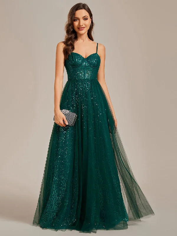 formal dresses for beach parties with light, airy fabrics --Exquisite   Empire Waist Sequin Shiny A-Line Floor Length Sweetheart Neckline Spaghetti Straps Wholesale Evening Dress