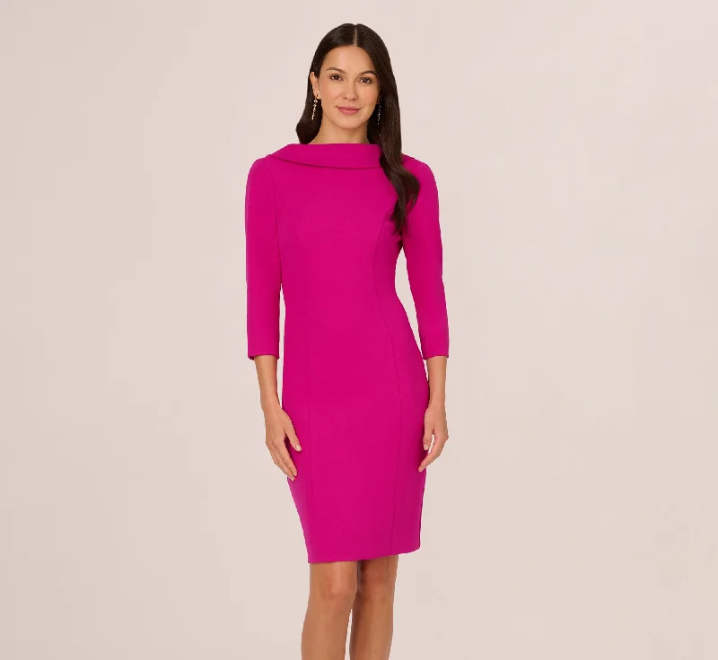 Spring dresses with a pencil silhouette for a sleek look -Three Quarter Sleeve Crepe Midi Dress With Rolled Neck In Pink Flambe