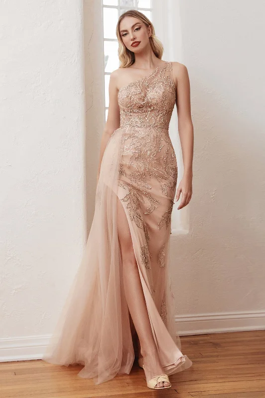 cocktail dresses in jewel tones for fall events --Beaded One Shoulder Overskirt Gown by Ladivine CB098