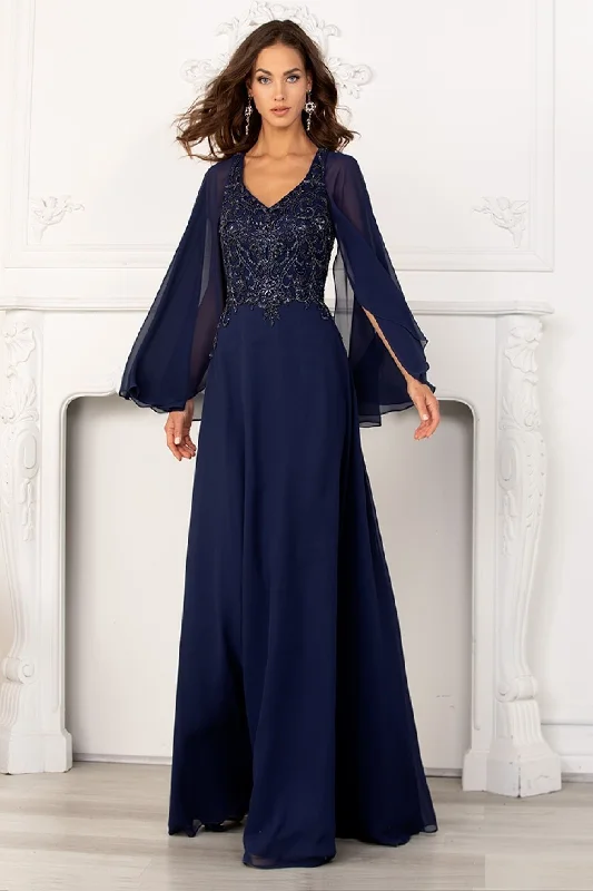cocktail dresses with mesh sleeves for subtle coverage --Chiffon Capelet A-line Gown by Lucci Lu 6047W