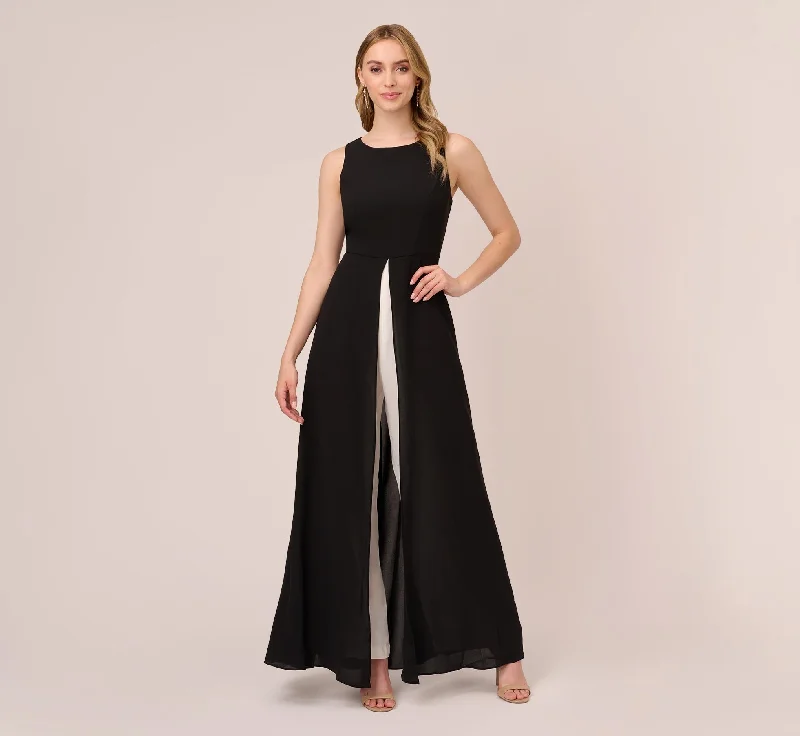 Spring dresses with chiffon skirts for lightness and movement -Colorblock Jumpsuit With Skirt Overlay In Black Ivory