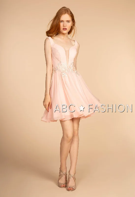 Elegant metallic party dresses for festive occasions -Short Pink V-Neck Dress with Embellished Waist by Elizabeth K GS1617