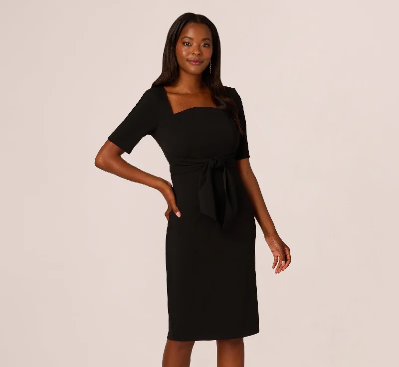 Spring dresses for formal dinners and events -Three Quarter Sleeve Trapeze Dress With Ruffle Mock Neck In Black