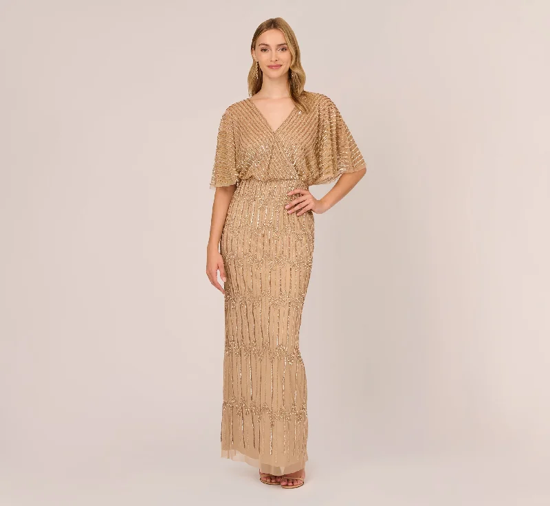 formal dresses for winter balls with faux fur accents --Hand-Beaded Illusion Long Column Blouson Gown In Champagne Gold