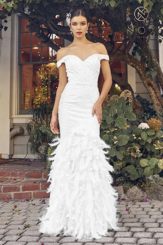 formal dresses with tiered skirts for volume and movement --White Fitted Feather Off Shoulder Gown by Nox Anabel C1106W