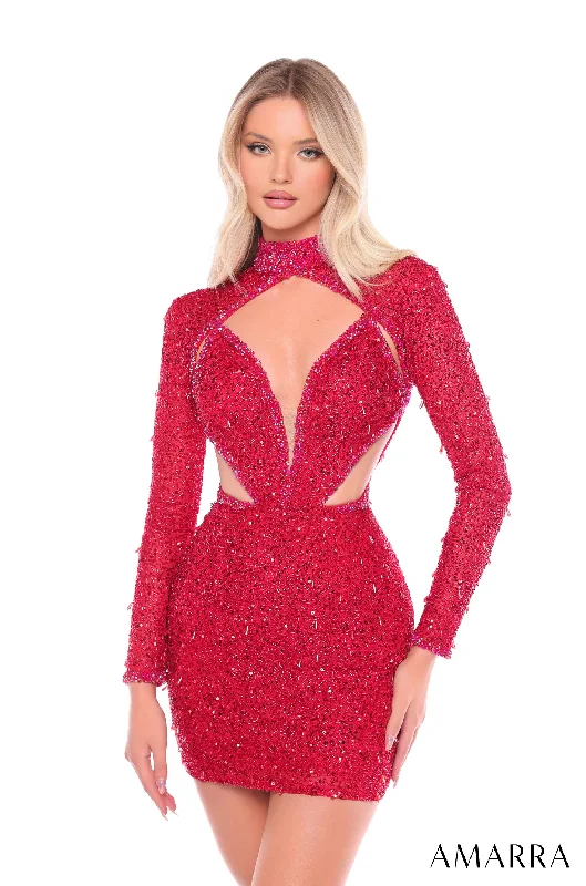 Graduation dresses for tall women with extra length -Beaded Short Cutout Long Sleeve Dress by Amarra 88020
