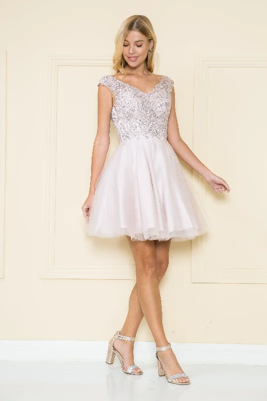 Classy black cocktail dresses for dinner parties -Short Lace Applique A-line Dress by Poly USA 8902