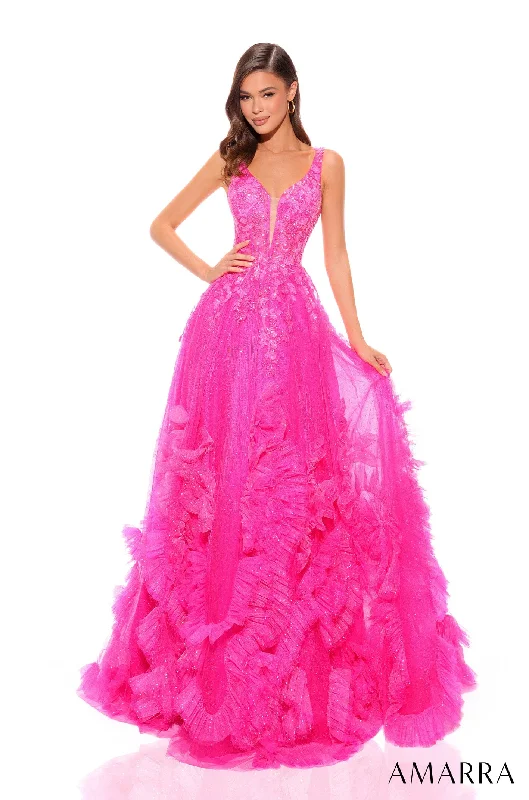formal dresses with detachable capes for dramatic effect --Floral Applique V-Neck Ruffled Tulle Ball Gown by Amarra 88880