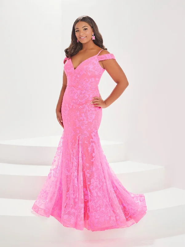 Trendy wedding guest dresses for trendy bridesmaids -Plus Size Glitter Cold Shoulder Gown by Tiffany Designs 16039 Trendy wedding guest dresses for trendy bridesmaids -Plus Size Glitter Cold Shoulder Gown by Tiffany Designs 16039