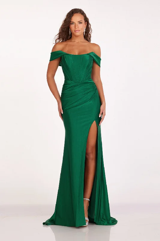 cocktail dresses with sequined accents for festive look --Off Shoulder Corset Slit Gown by Abby Paris 90252