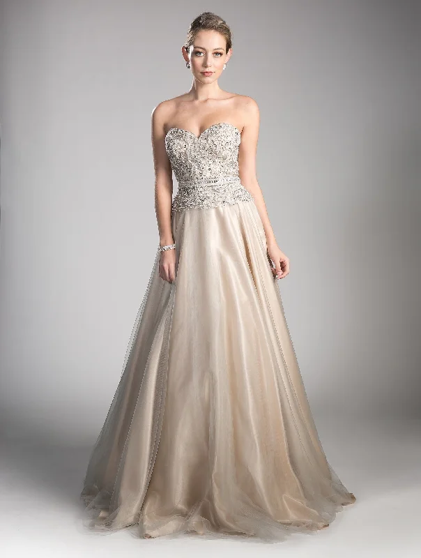 Trendy wedding guest dresses in bold prints for a statement look -Beaded Strapless Tulle Gown by Cinderella Divine CE0004