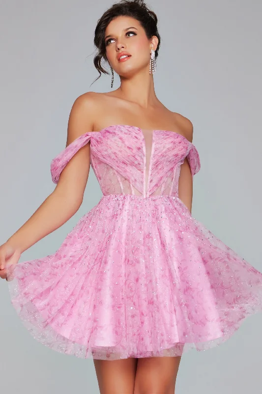 A-line party dresses for curvy women -Tulle Short Off Shoulder A-line Dress by Jovani 38000