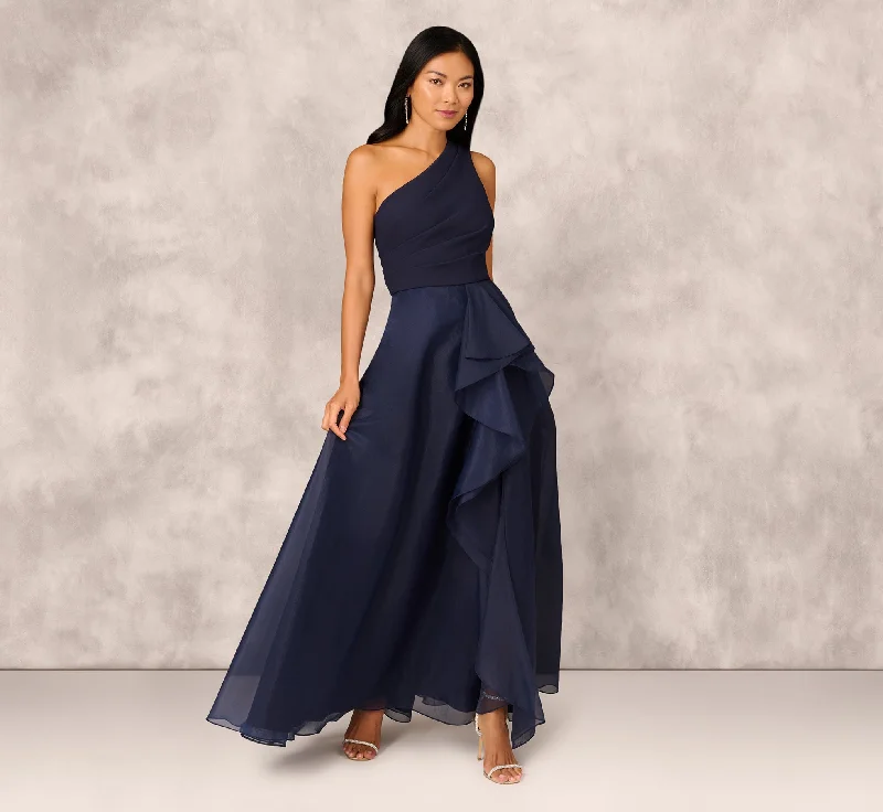 elegant formal dresses in plus size for women --Draped Organza One Shoulder Ballgown In Twilight