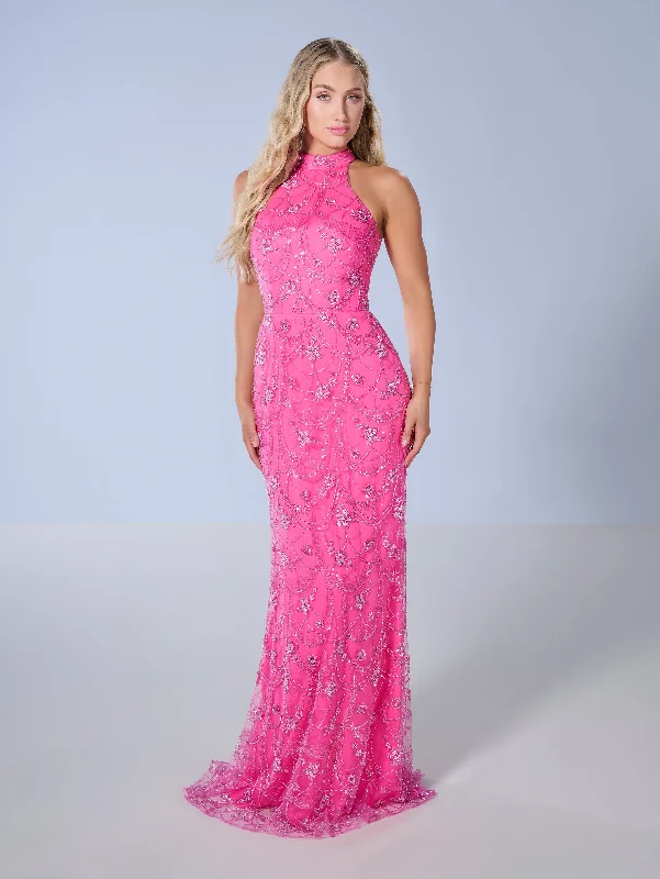formal dresses for tall women with empire waistlines --Beaded Fitted Halter Gown by Tiffany Designs 16147