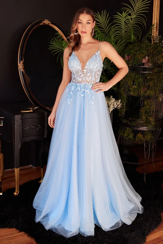 formal dresses in pastel colors for springtime events --Floral Applique Tulle Gown by Ladivine CD2214
