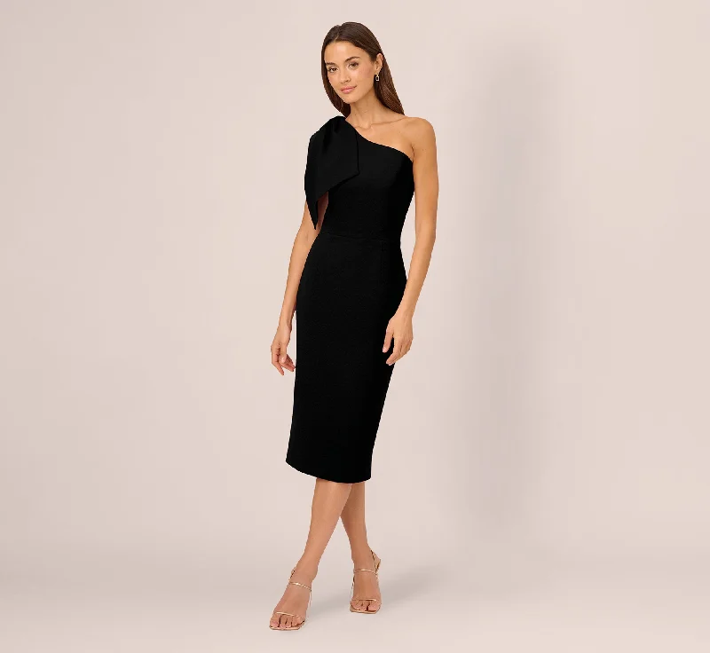 Short spring dresses for warmer days with chic designs -One Shoulder Midi Dress With Bow Accent In Black