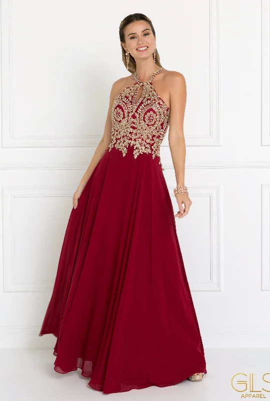 bridesmaid dresses with adjustable straps and stretch fabric --Lace Applique Long A-line Chiffon Dress by Elizabeth K GL1526