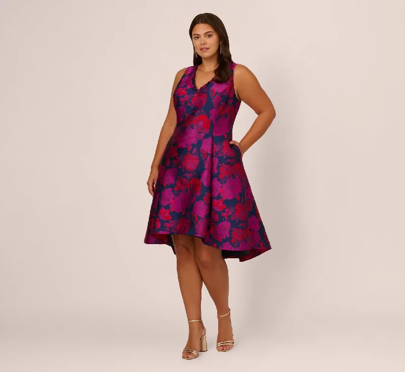 Spring dresses with a halter neck for a chic style -Plus Size Sleeveless Floral Jacquard Midi Dress With High Low Skirt In Navy Multi