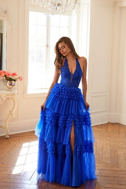 cocktail dresses with asymmetrical hemlines for unique style --Halter Ruffled A-line Slit Gown by Juliet JT2556S