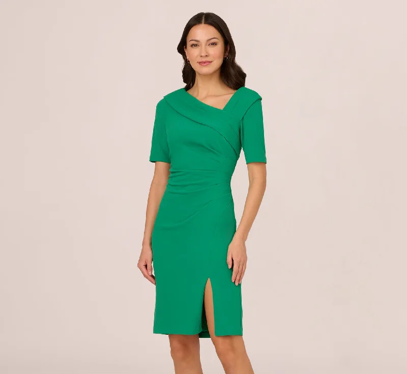 Wedding guest dresses with structured bodices for a polished look -Short Sleeves Sheath Dress With Asymmetrical Neckline In Vivid Green