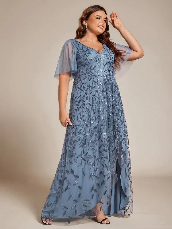 formal dresses with built-in shapewear for smooth figure --Plus Sequin Mesh High Low V-Neck Midi Evening Dress With Short Sleeves