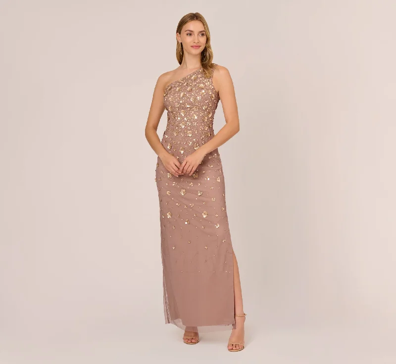 formal dresses with floral prints for garden weddings --3D Floral Hand-Beaded One-Shoulder Long Column Gown In Stone