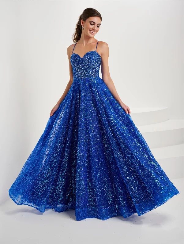 cocktail dresses with wrap fronts for flattering fit --Beaded Glitter Print Sleeveless Gown by Tiffany Designs 16088