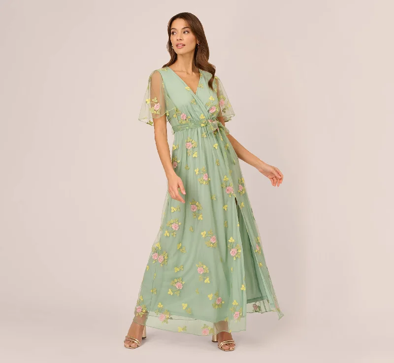 Spring dresses for a garden wedding with light fabrics -Floral Embroidered Maxi Dress With Sheer Flutter Sleeves In Sage Multi