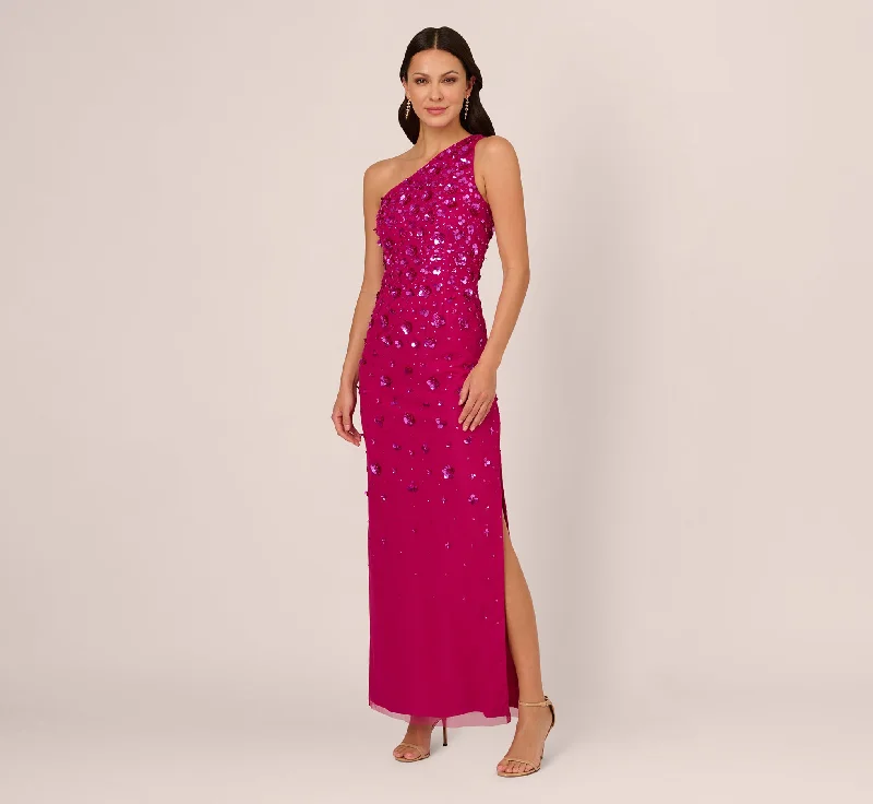 formal dresses for holiday parties in jewel tones --3D Floral Hand-Beaded One-Shoulder Long Column Gown In Hot Orchid