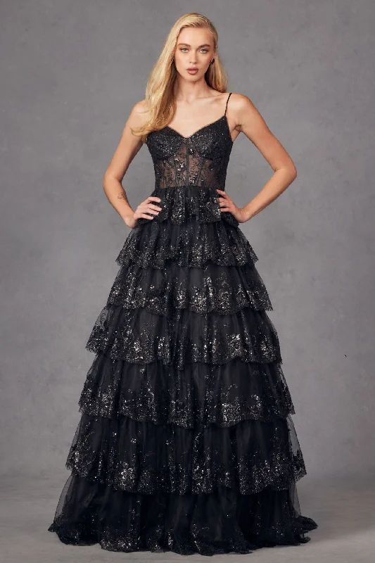 cocktail dresses with floral prints for daytime events --Applique Sleeveless Tiered Gown by Juliet JT2454K