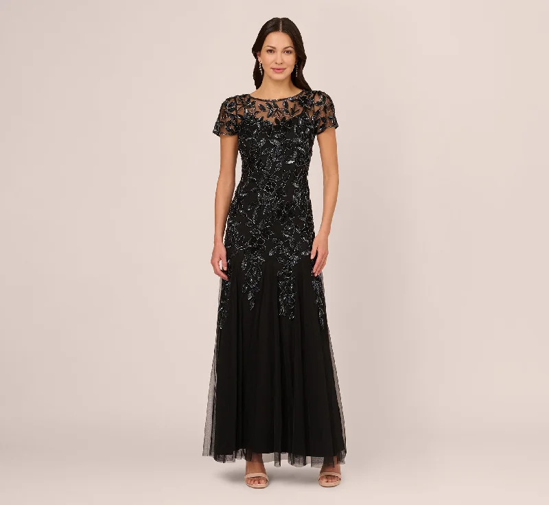 formal dresses for tall women with empire waistlines --Hand Beaded Short Sleeve Floral Godet Gown In Black Gunmetal