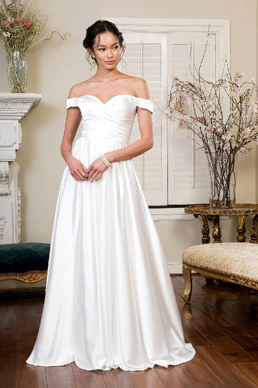 Wedding guest dresses for a romantic, vintage-inspired vibe -Ivory Off Shoulder Satin Gown by Elizabeth K GL1908