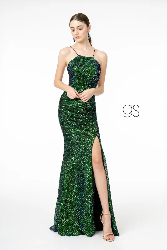 cocktail dresses with satin sashes for waist accentuation --Long Iridescent Sequin Dress with Side Slit by Elizabeth K GL1812