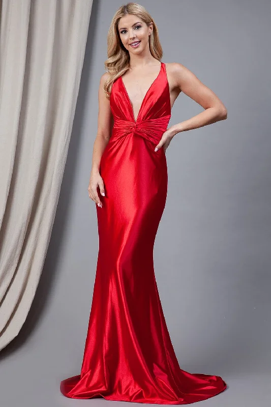 bridesmaid dresses with floral prints for spring weddings --Fitted Sleeveless V-Neck Gown by Amelia Couture 5039