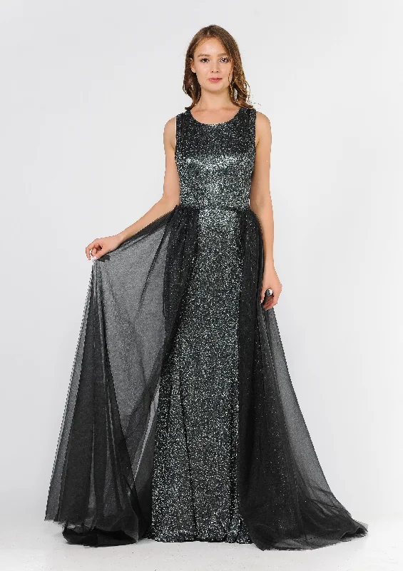 Wedding guest dresses for tropical beach weddings -Long Metallic Glitter Dress with Open Back Cut Outs by Poly USA 8342