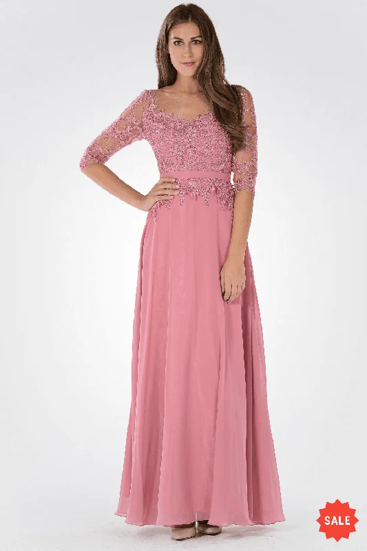 Gorgeous wedding guest dresses that are both fashionable and comfortable -Long Dress with Illusion Lace Sleeves by Poly USA 7598